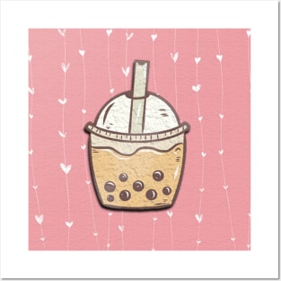 Drink milkshake tea with hearts in pink and pink Posters and Art